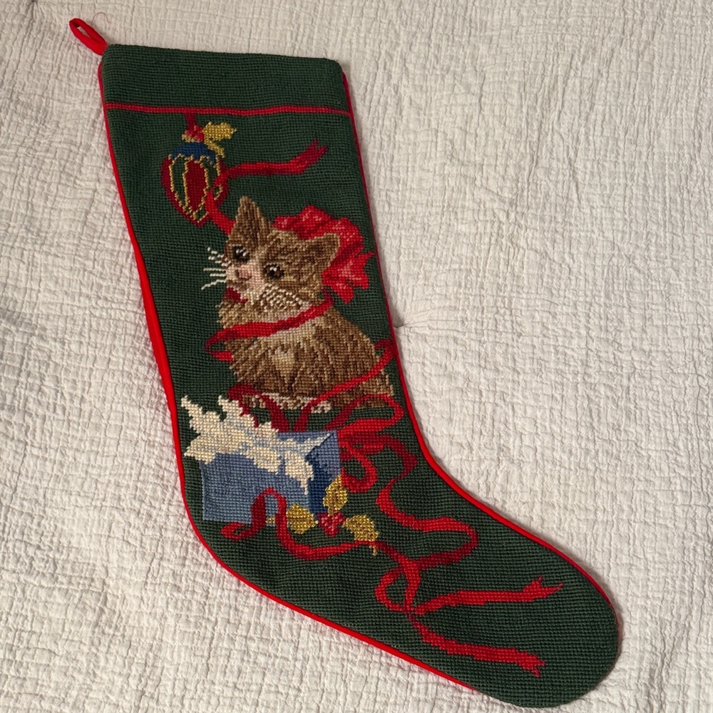Needlepoint Cat Christmas Stocking